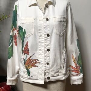 𝅺CHICO’S peacock floral flowers creamy white jean jacket size‎ one